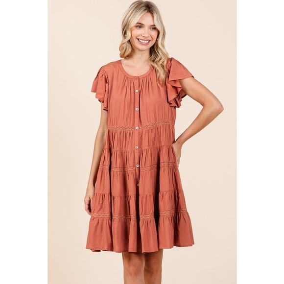 Mittoshop Lace Detail Ruffled Sleeves Button Down Tiered Mini Dress | Pumpkin - Picture 2 of 7